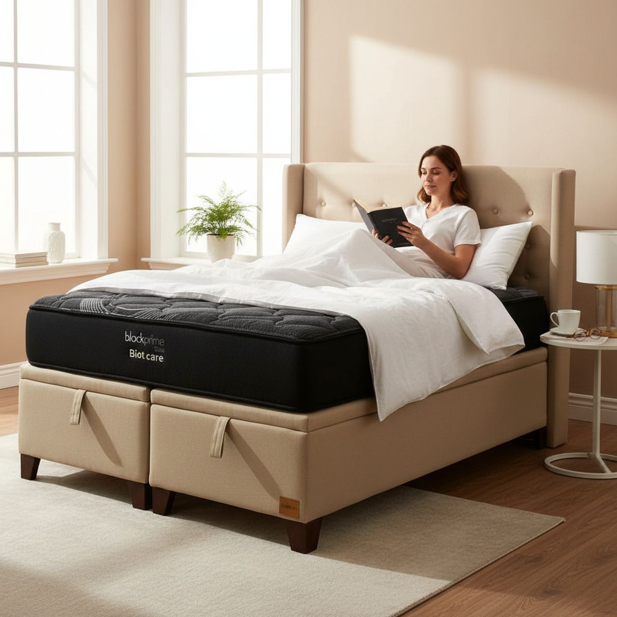 BLOCCARE - Cama Baul Super King L200 cm + Colchon Black Prime - Modelo Uno / Con Patas De Madera 11 cm (Beige)