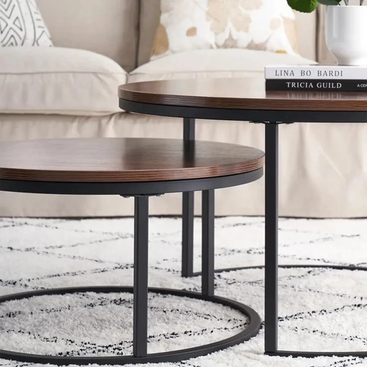 RIOVEO - Juego Mesa De Centro Lateral Living Redonda Doble Madera