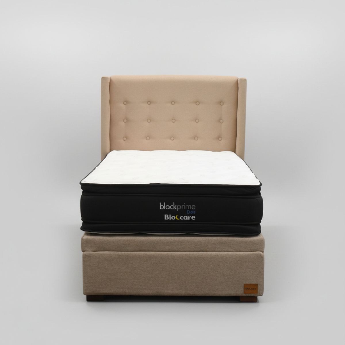 BLOCCARE - Cama Baul 1.5 Plaza L200 cm + Colchon Black Prime - Modelo Dos + Respaldo / Con Patas de madera 4.5 cm (beige)