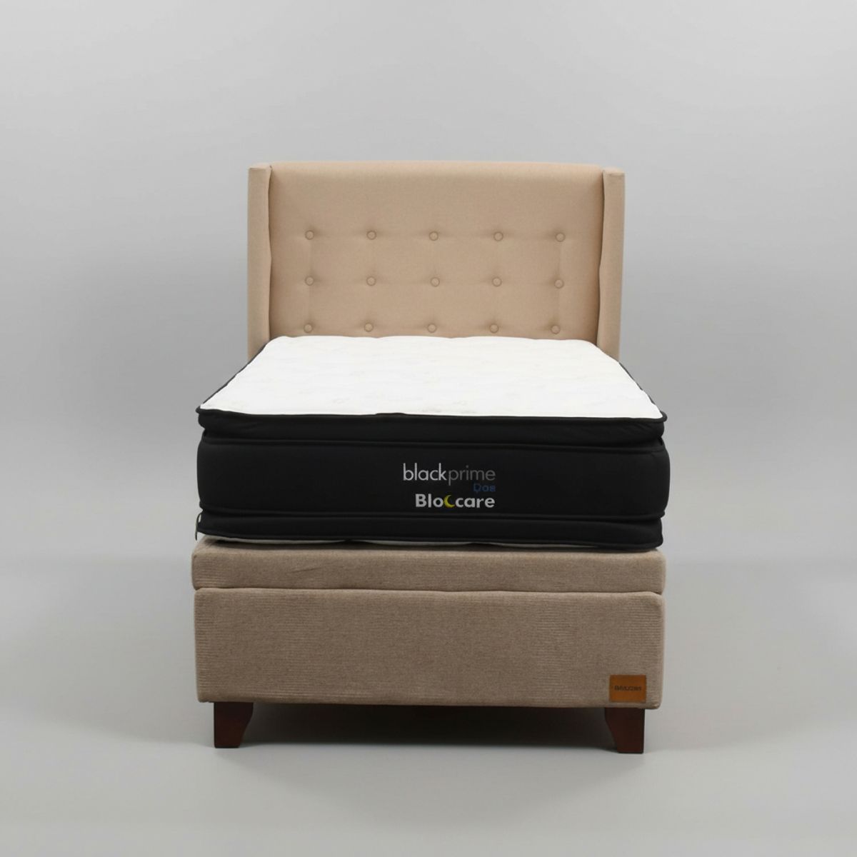 BLOCCARE - Cama Baul 1.5 Plaza L190 cm + Colchon Black Prime - Modelo Dos + Respaldo / Con Patas de madera 11 cm (beige)