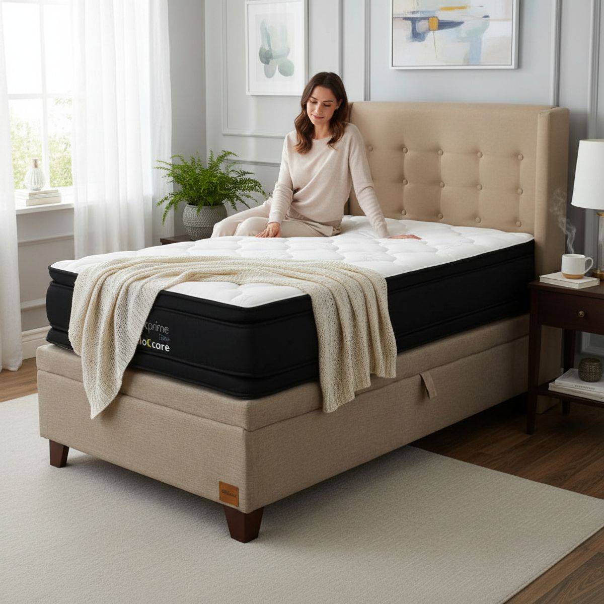 BLOCCARE - Cama Baul 1.5 Plaza L200 cm + Colchon Black Prime - Modelo Dos + Respaldo / Con Patas de madera 11 cm (beige)