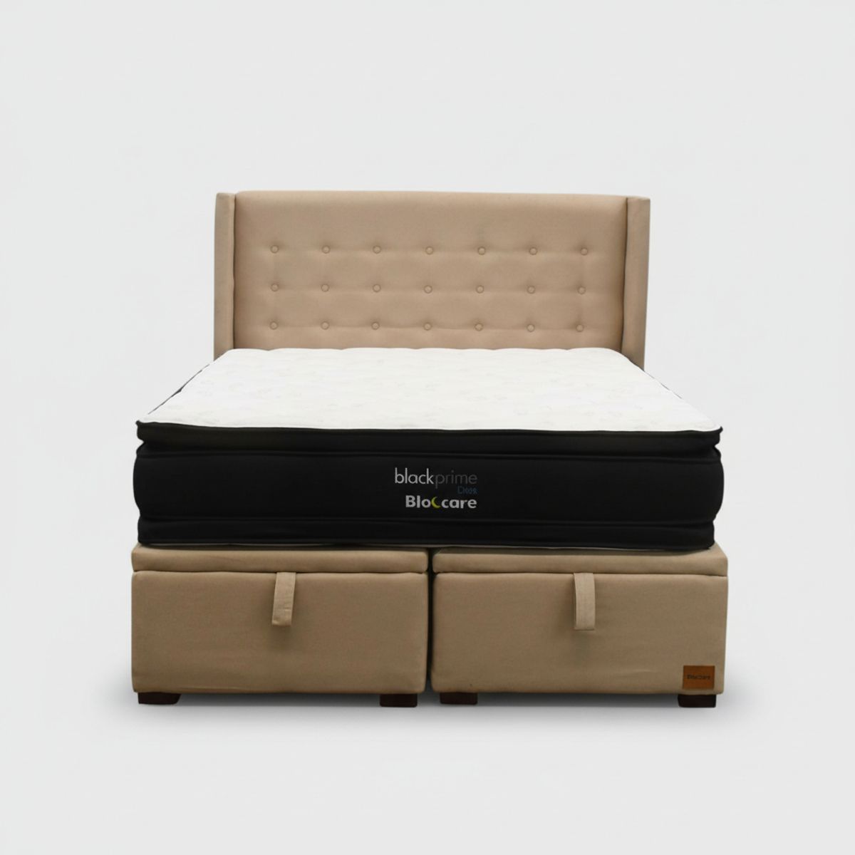 BLOCCARE - Cama Baul 2 Plaza L200cm + Colchon Black Prime - Modelo Dos + Respaldo / Pata madera 4.5cm (Beige)