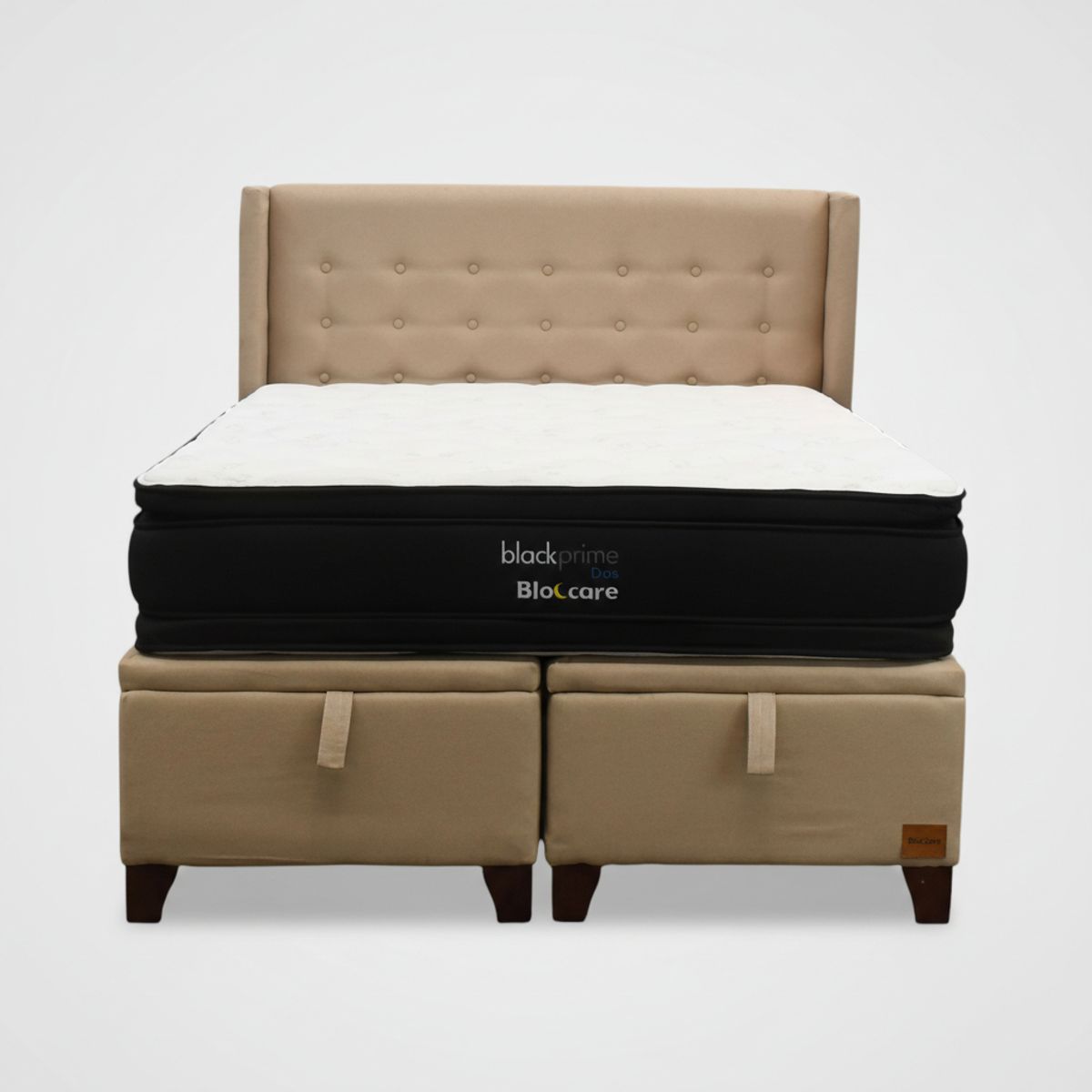BLOCCARE - Cama Baul 2 Plaza L190 cm + Colchon Black Prime - Modelo Dos + Respaldo / Pata madera 11 cm (beige)