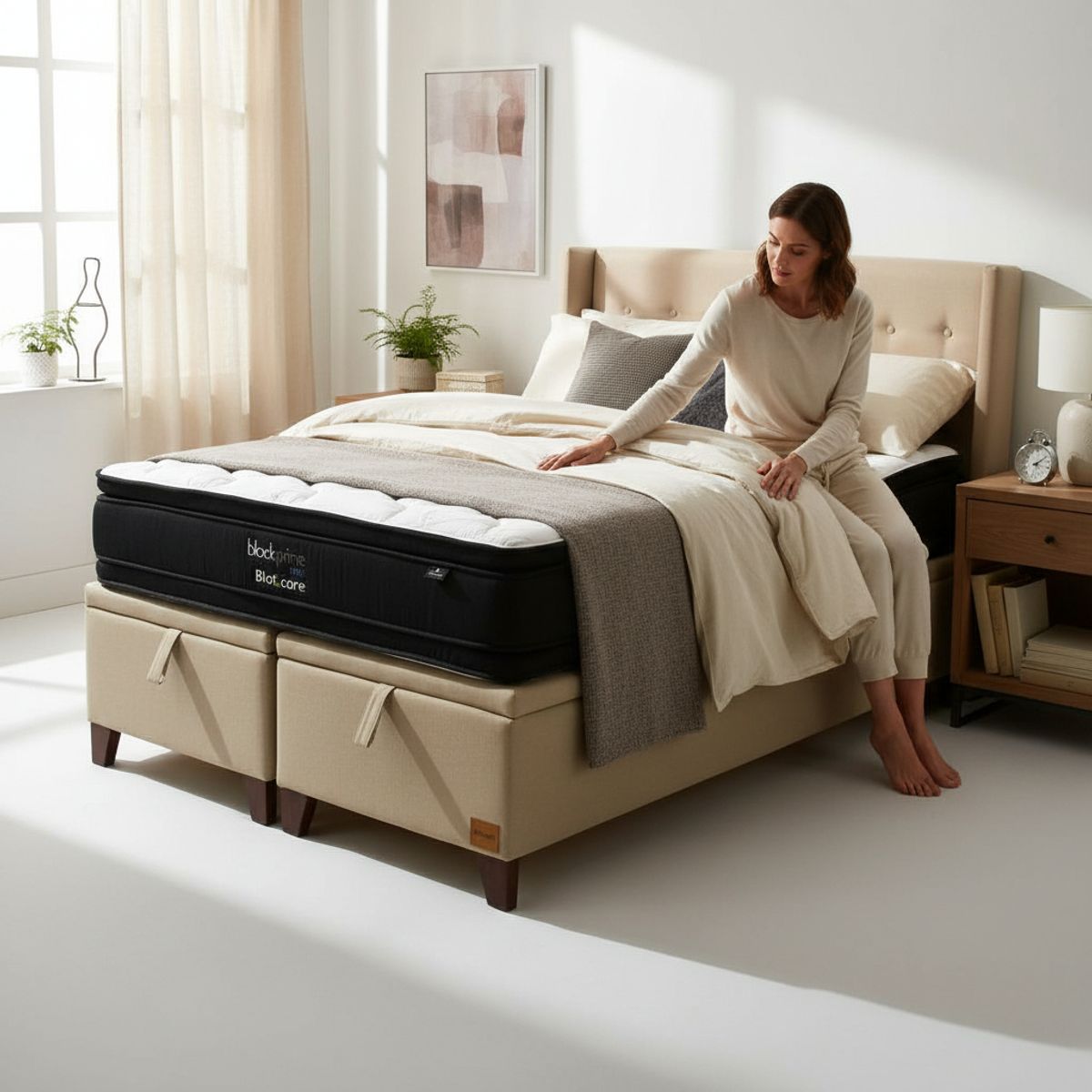 BLOCCARE - Cama Baul 2 Plaza L200 cm + Colchon Black Prime - Modelo Dos + Respaldo / Pata madera 11 cm (beige)