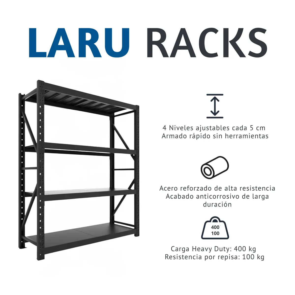 DIETEC - Estante Metálico Laru Racks 200x50x150cm 800kg Heavy Duty Negro