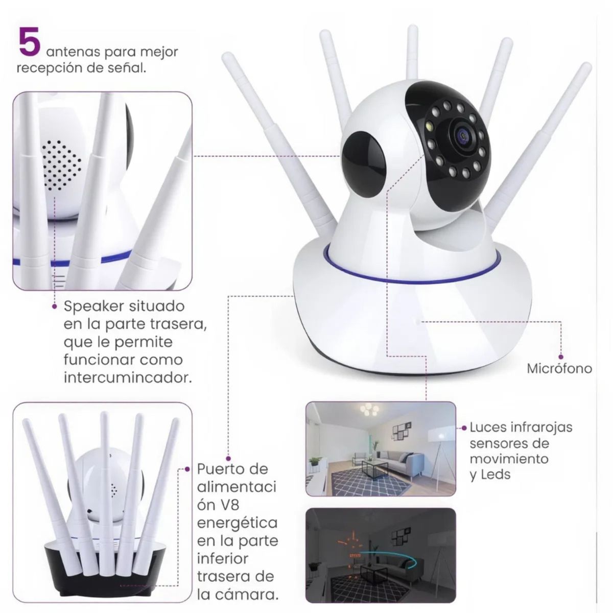 MOVI - CAMARA SEGURIDAD IP WIFI HD MOTORIZADA VISION NOCTURNA 360º 5 antenas