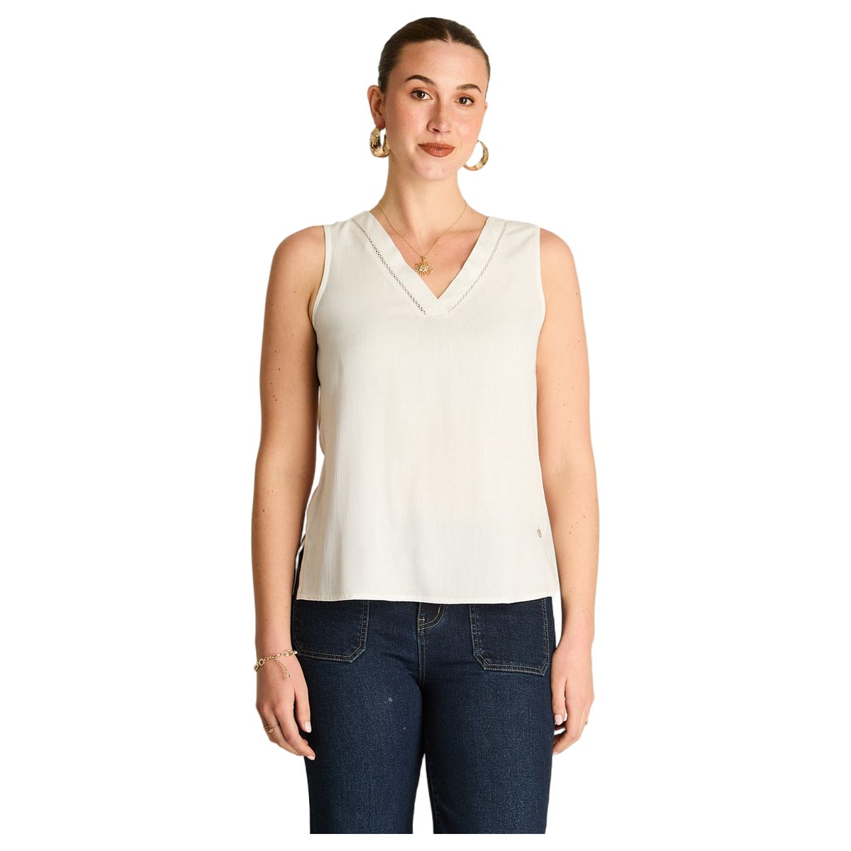 LORENZO DI PONTTI - Blusa Blanco Sin Mangas con Escote en V
