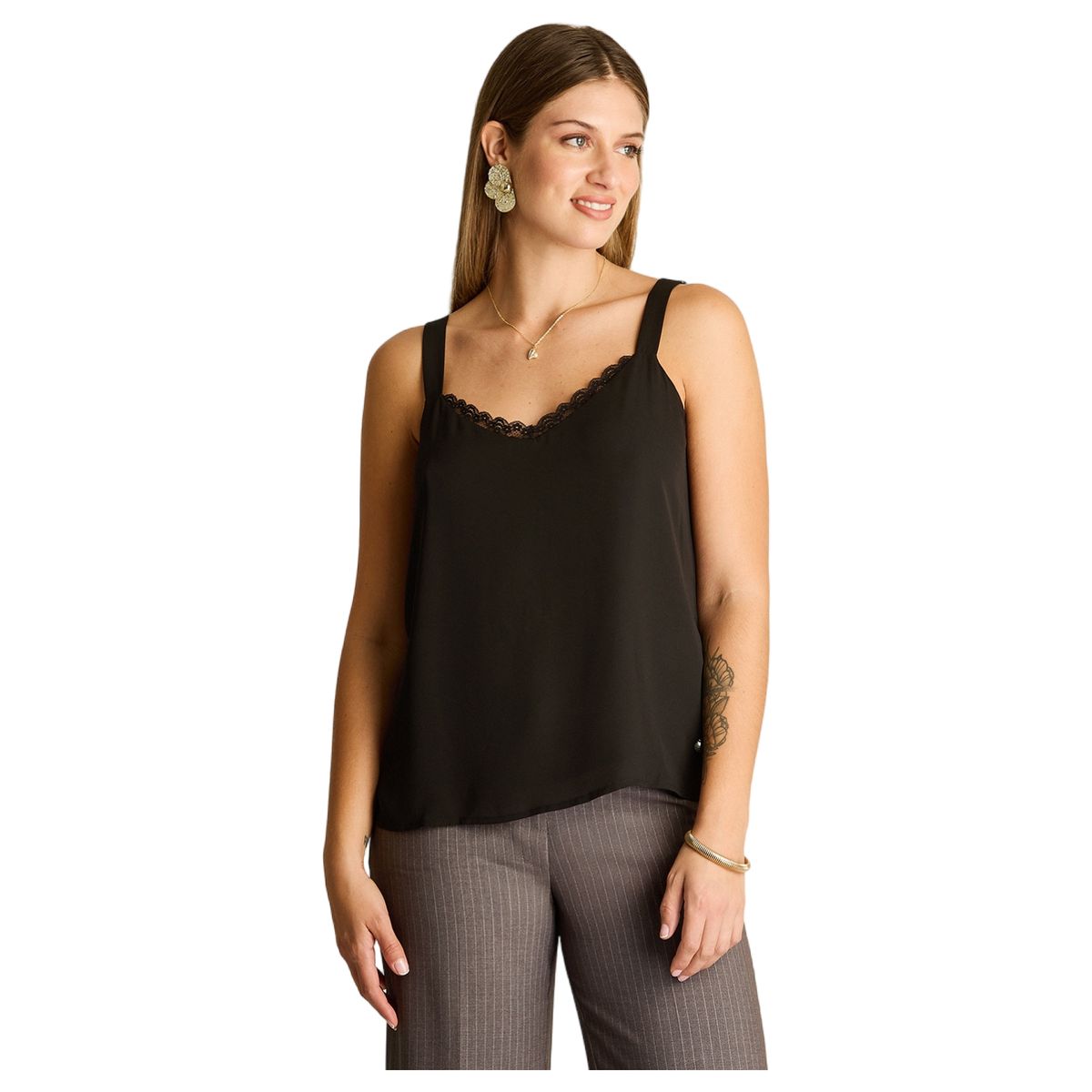 LORENZO DI PONTTI - Blusa Pabilo Lencera Negra con Tirantes Ajustables