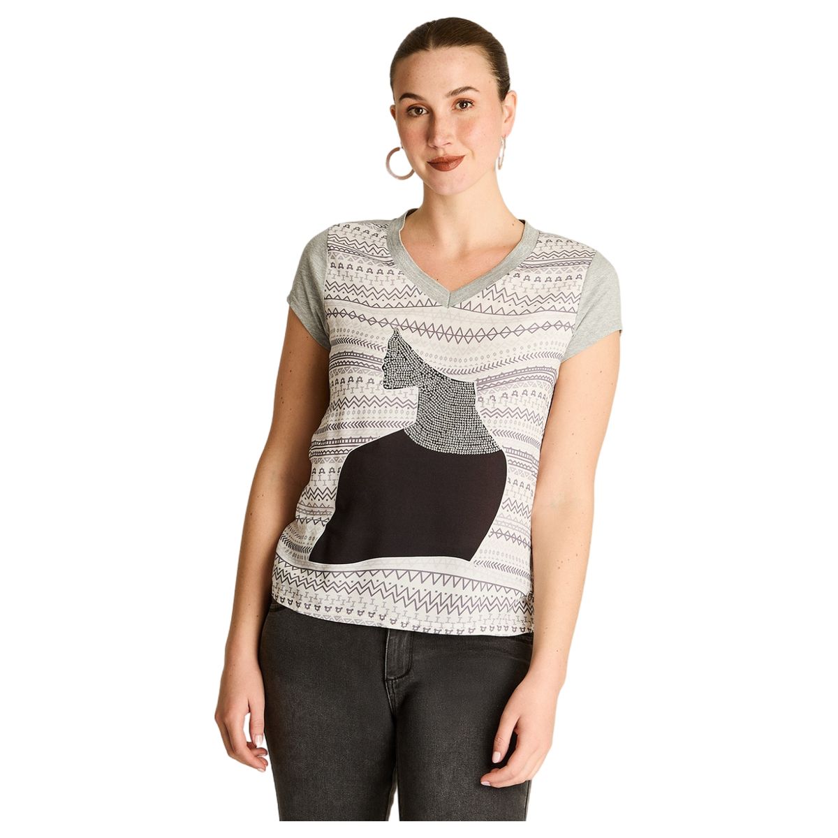 LORENZO DI PONTTI - Polera Gris Mix Fabric con Print Frontal y Cuello con Lurex