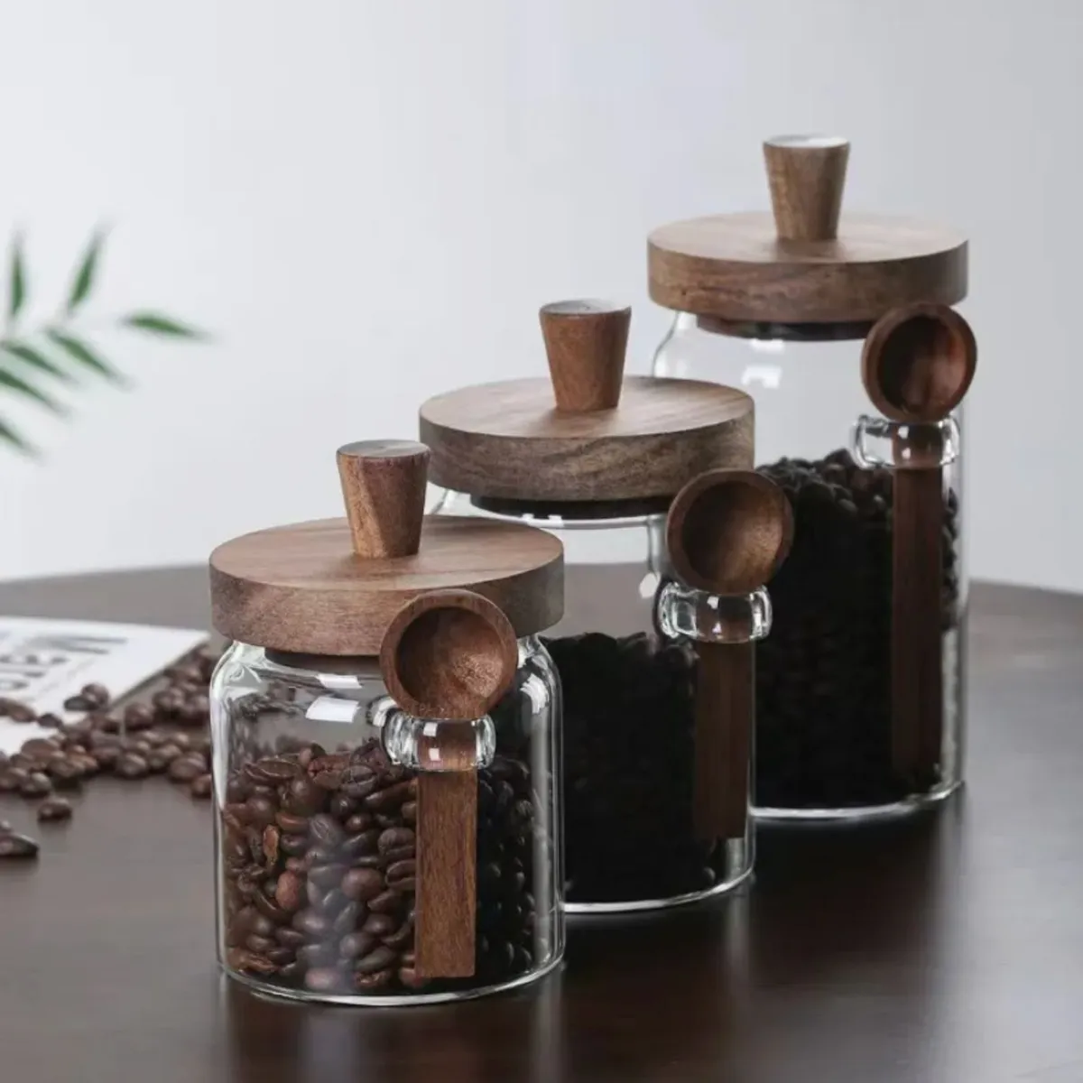 SANTU HOME & DECO - Contenedores de Vidrio Tapa Madera y Cucharita 3un