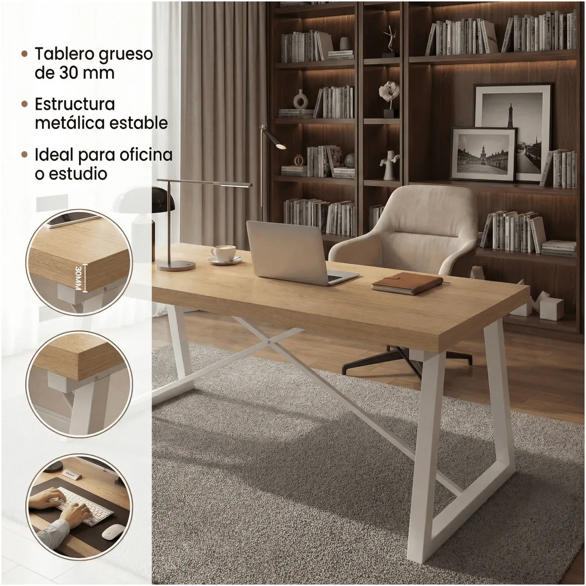 HOMER DESIGN - Escritorio Pata Metal Oficina 160x60x75cm Gruesa 30mm