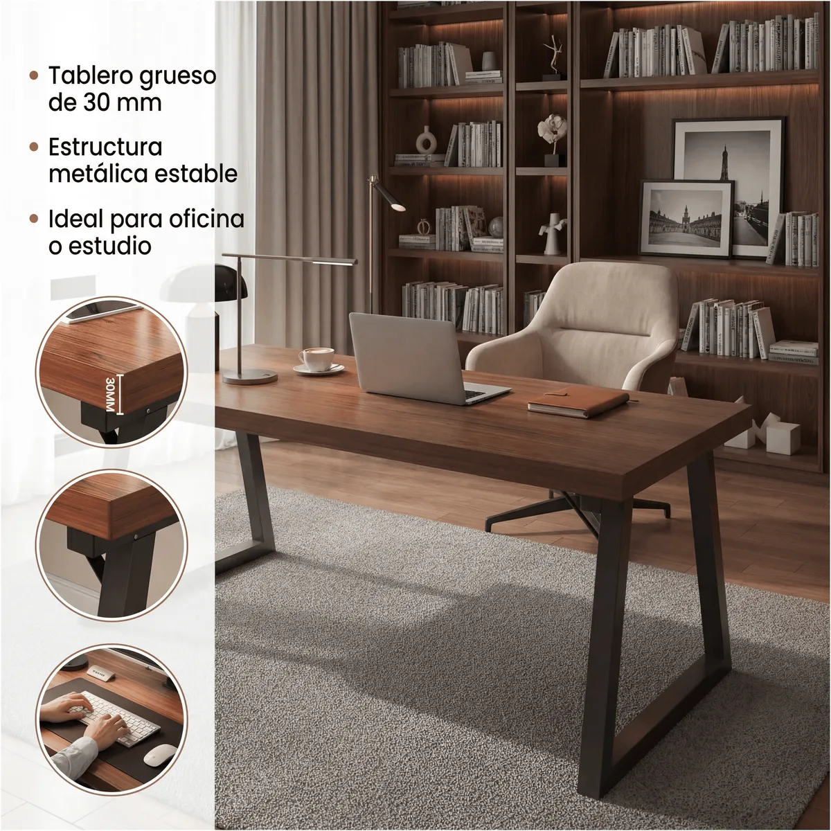 HOMER DESIGN - Escritorio Pata Metal Oficina 160x60x75cm Gruesa 30mm