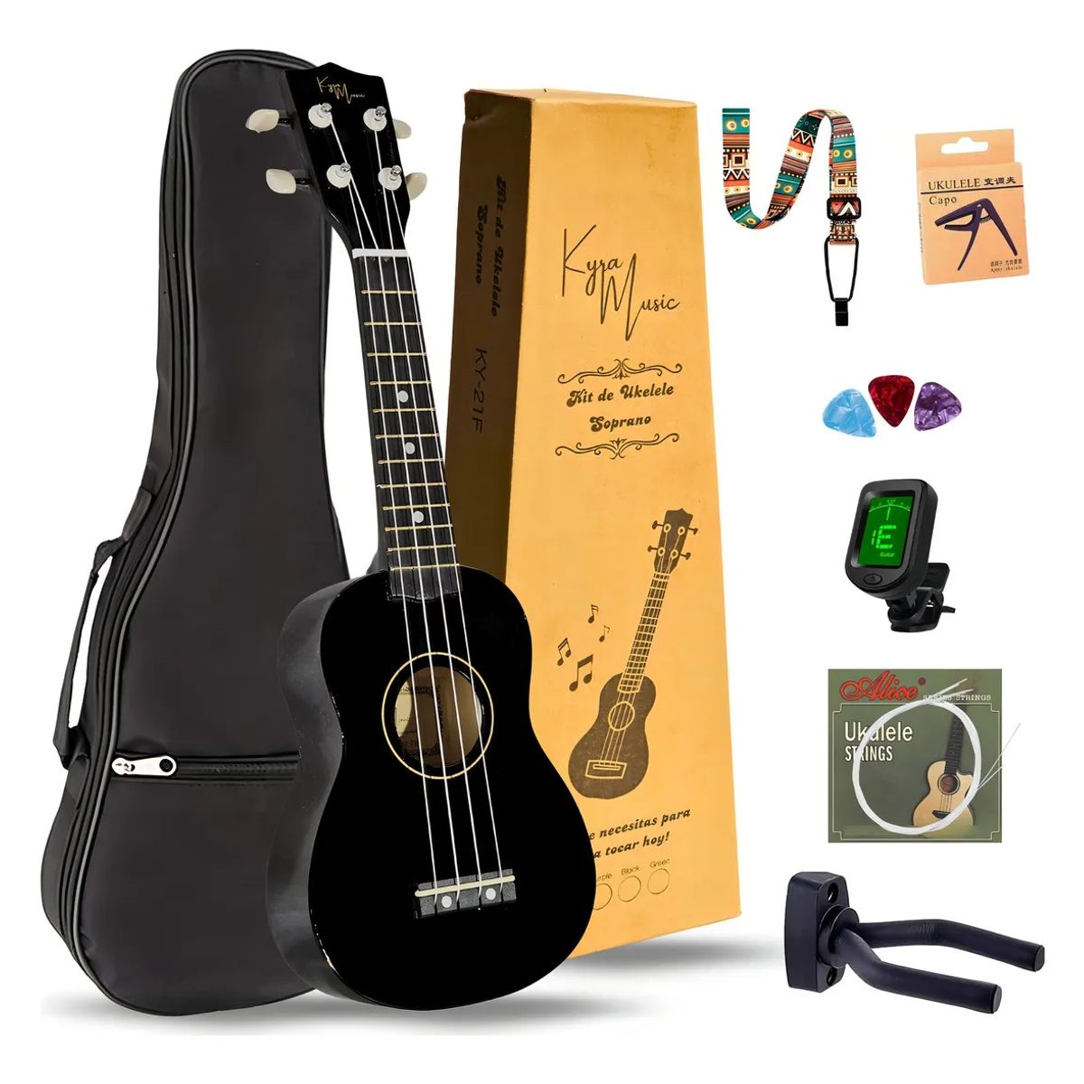 GENERICO - Ukelele Soprano Music 21″ + Funda + Afinador + Accesorios  Ideal Para Aprender