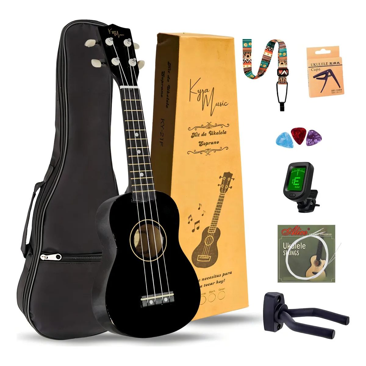 GENERICO - Ukelele Soprano Music 21″ + Funda + Afinador + Accesorios  Ideal Para Aprender