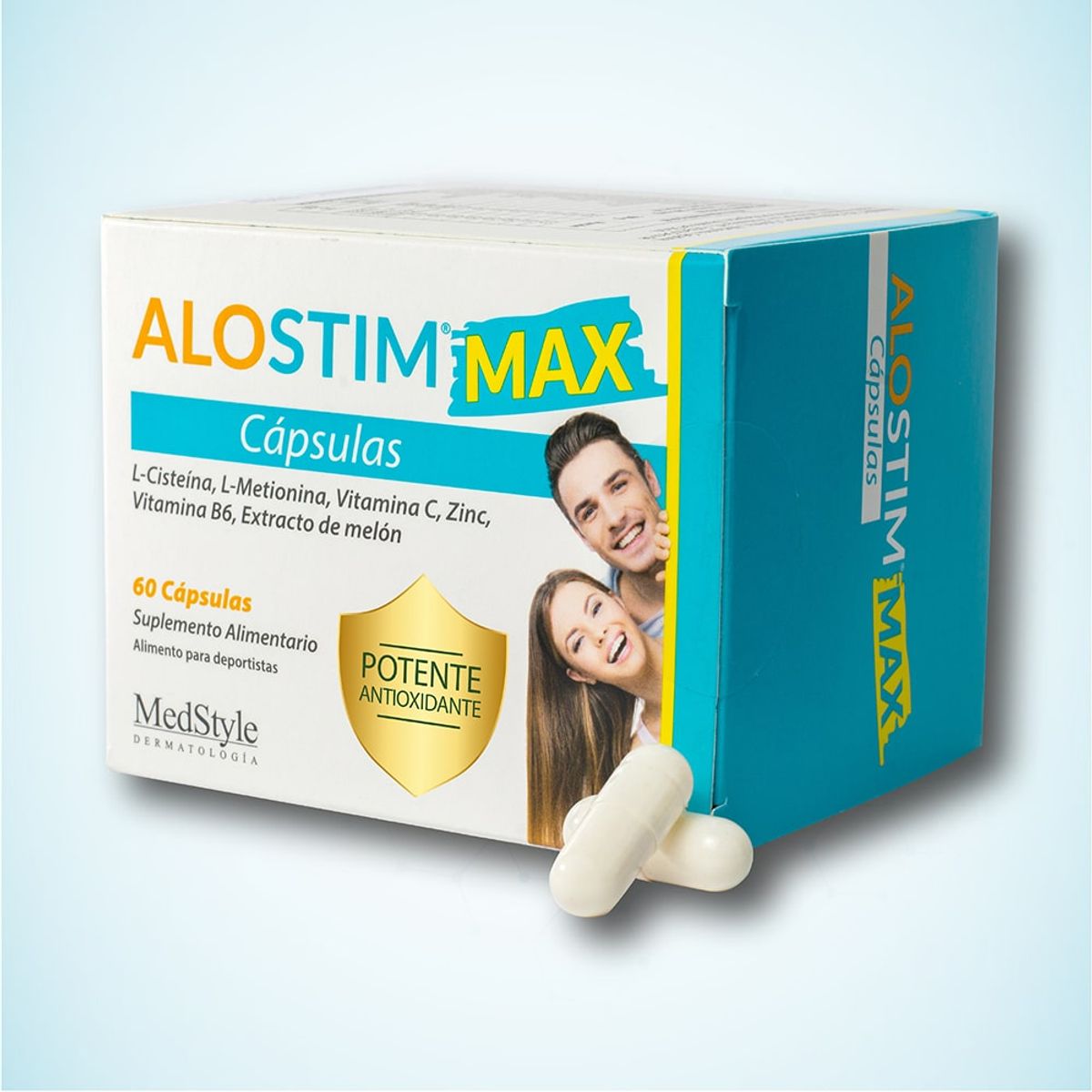 ALOSTIM - ALOSTIM MAX 60 cápsulas, suplemento alimentario y antioxidante para cuidado de la piel, cabello y uñas
