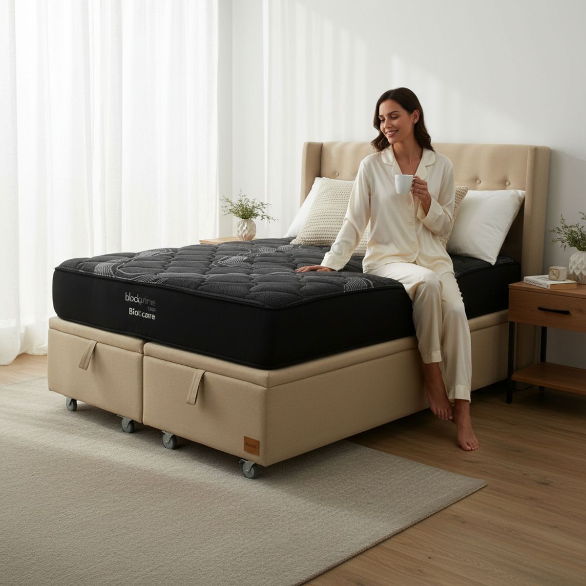 BLOCCARE - Cama Baul 2 Plaza L190 cm + Colchon Black Prime - Modelo Uno + Respaldo / Rueda Logo (Beige)
