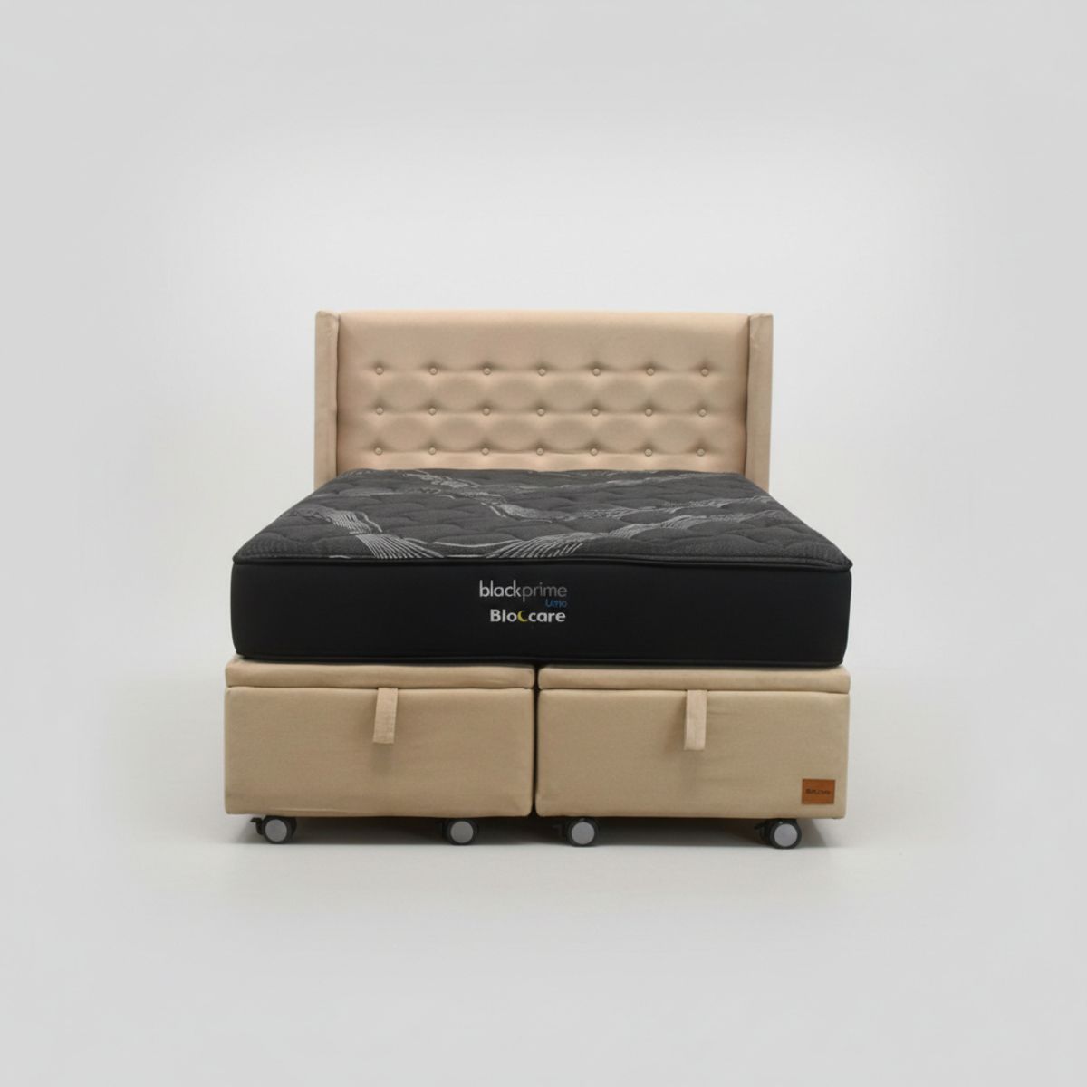 BLOCCARE - Cama Baul 2 Plaza L190 cm + Colchon Black Prime - Modelo Uno + Respaldo / Rueda Logo (Beige)