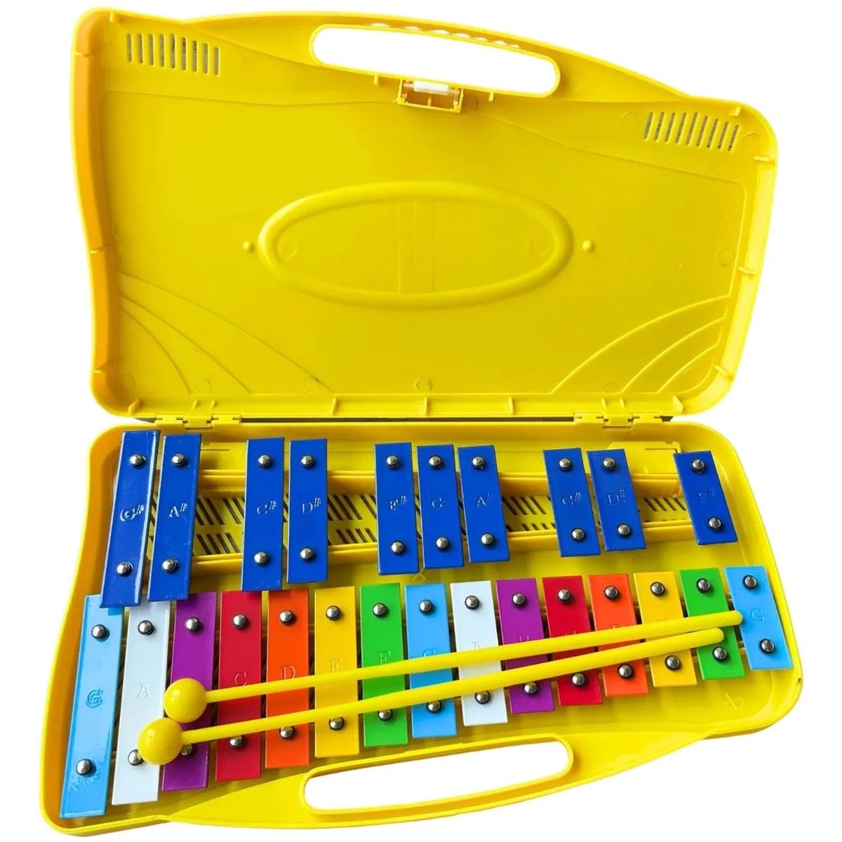GENERICO - Metalófono Cromático Infantil 25 Notas Amarillo - Instrumento Musical Escolar con Baquetas