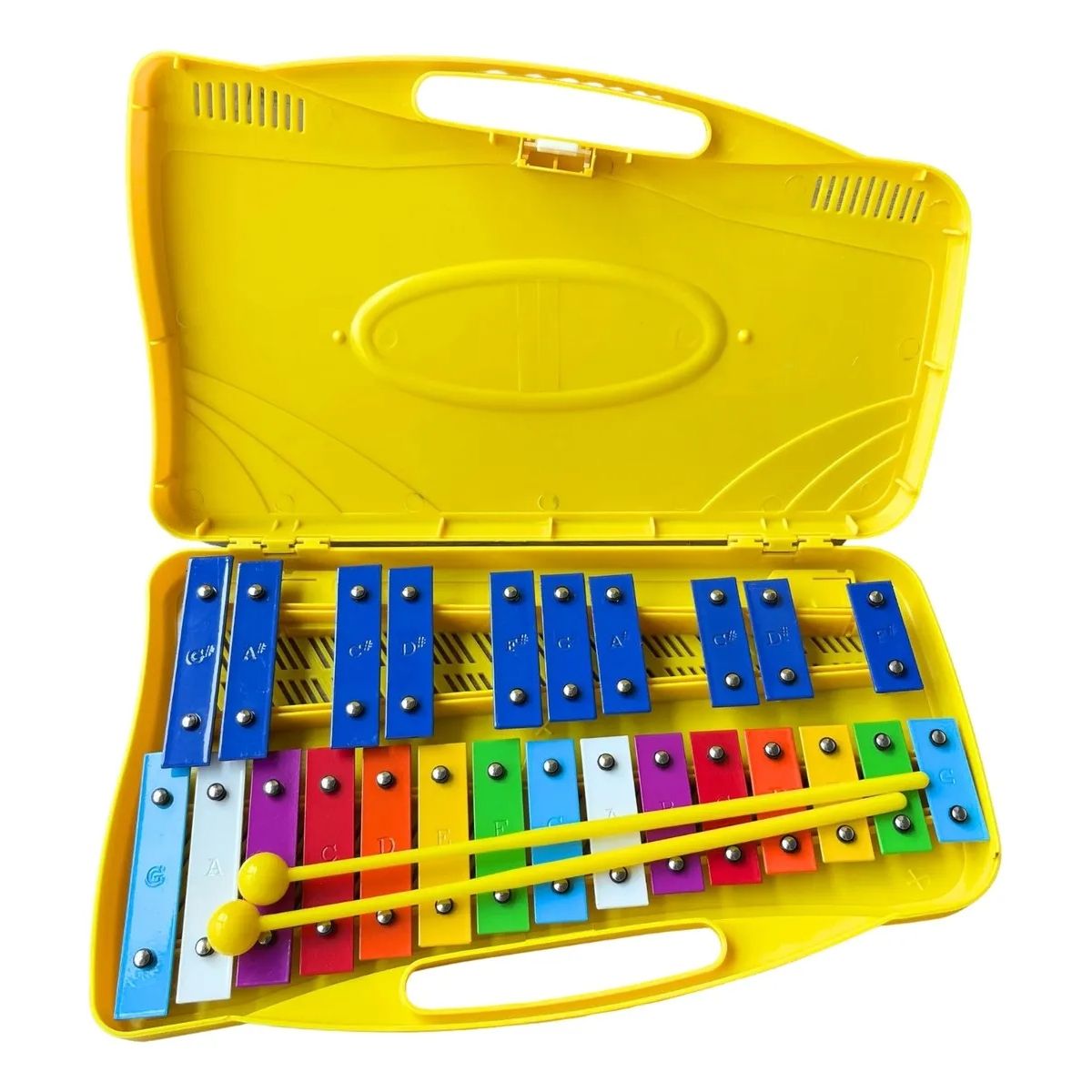 GENERICO - Metalófono Cromático Infantil 25 Notas Amarillo - Instrumento Musical Escolar con Baquetas