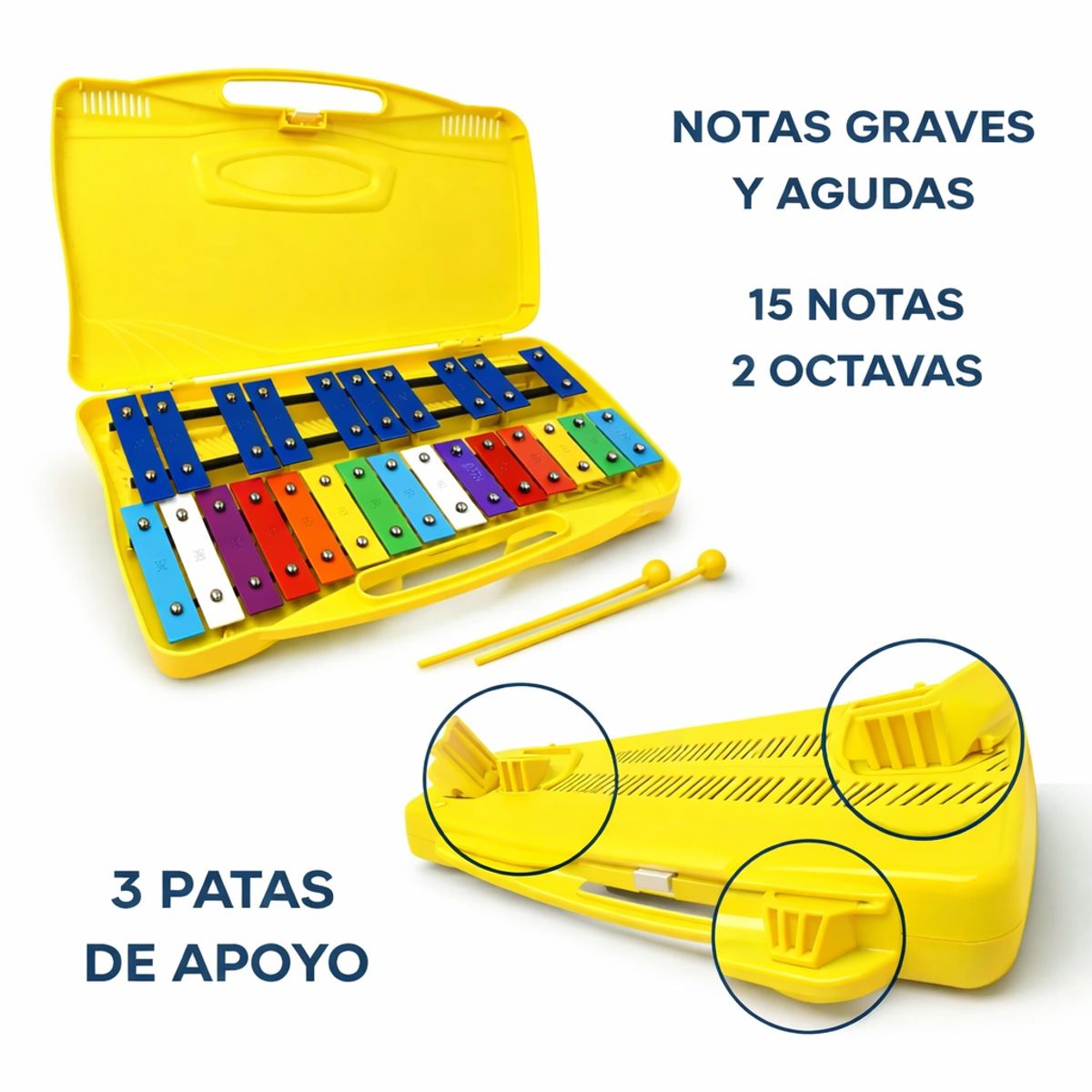 GENERICO - Metalófono Cromático Infantil 25 Notas Amarillo - Instrumento Musical Escolar con Baquetas