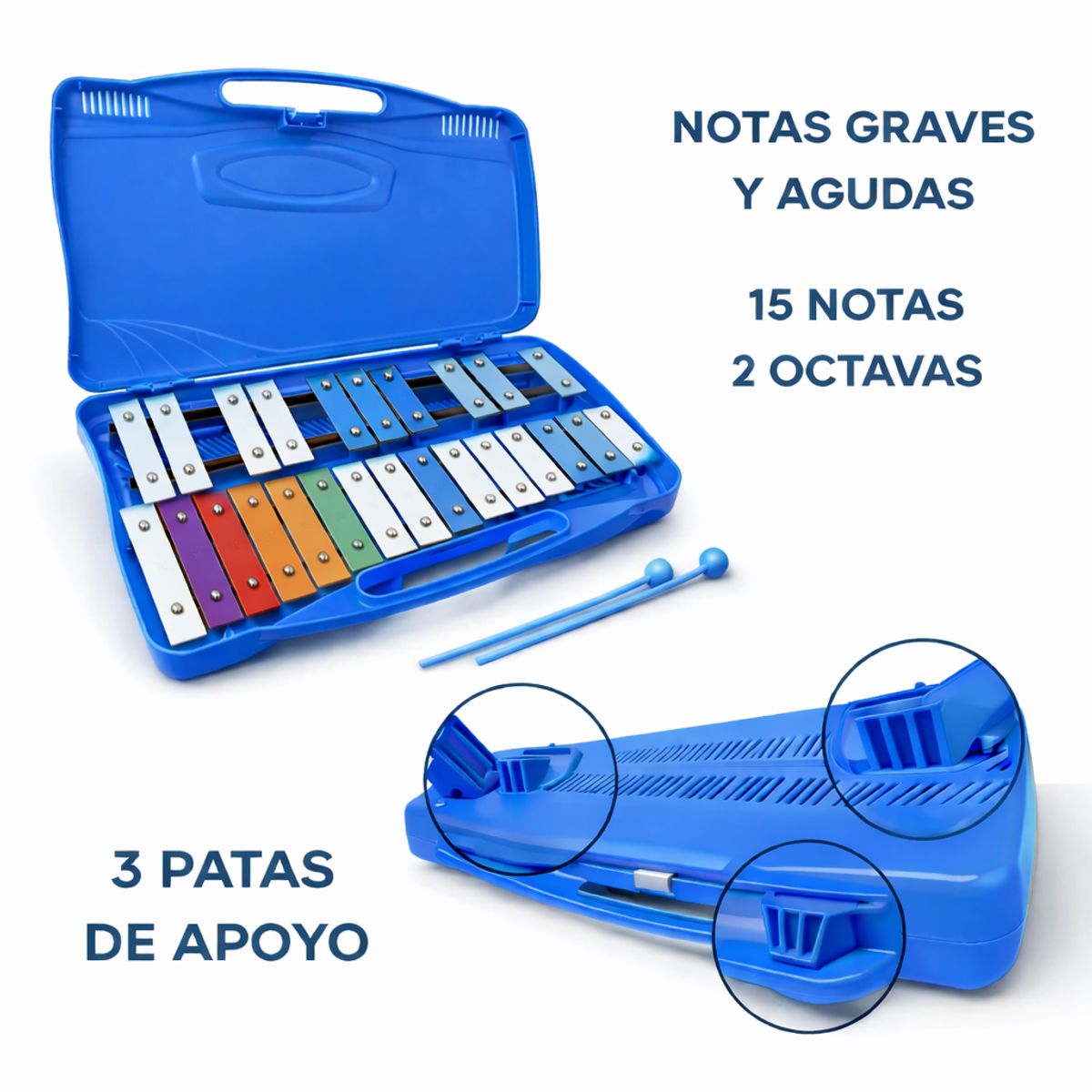 GENERICO - Metalófono Cromático Infantil 25 Notas Azul - Instrumento Musical Escolar con Baquetas