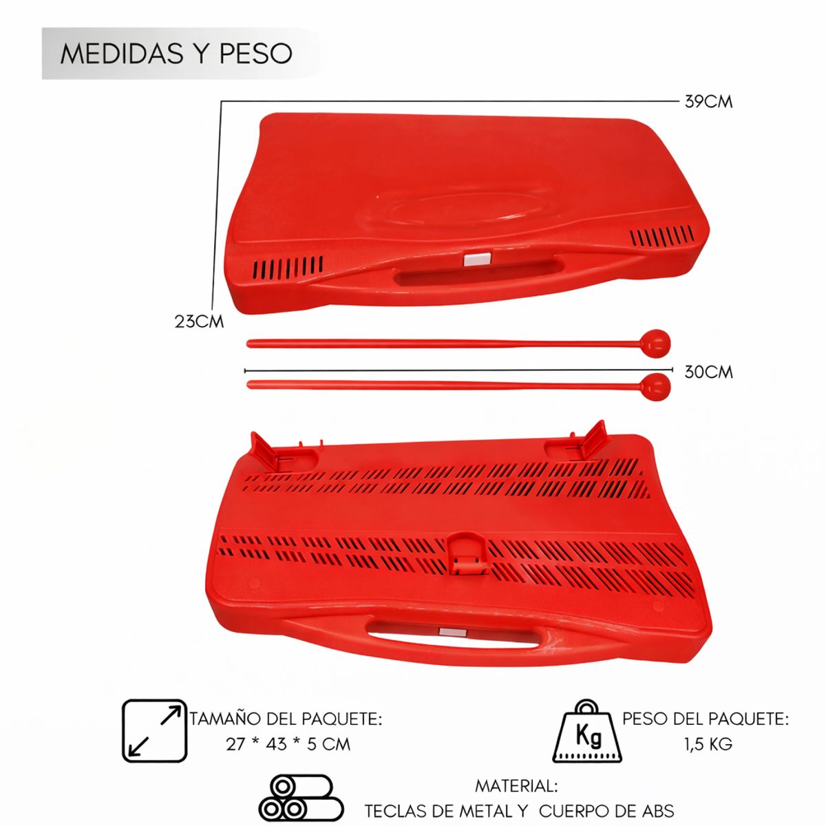 GENERICO - Metalófono Cromático Infantil 25 Notas Rojo - Instrumento Musical Escolar con Baquetas
