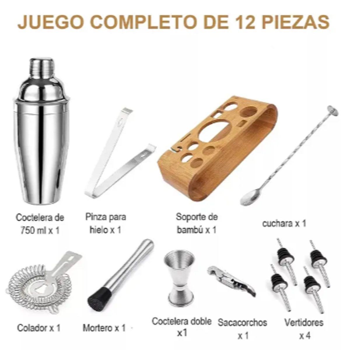 GENERICO - Kit De Utensilios De Coctelería C/coctelera De 750ml, 12 Pzs