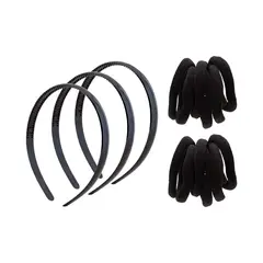 BIJOUTERIA LB20 SPA - Set De 3 Cintillo Liso + 12 Colets Para El Pelo - Negro