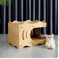 GENERICO - Cama Casa De Madera Para Gatos Con Rascador Interno