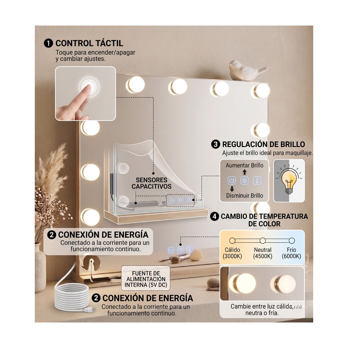 GENERICO - Espejo Rectangular Led Tipo Hollywood 13 Bombillas 3 Colores - Plateado