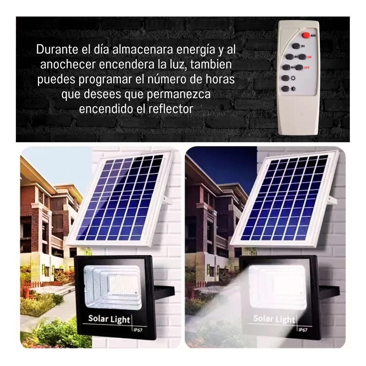 GENERICO - FIGOIMPORT Reflector Con Sensor 300w + Panel Solar + Control Remoto Negro Blanco Frío