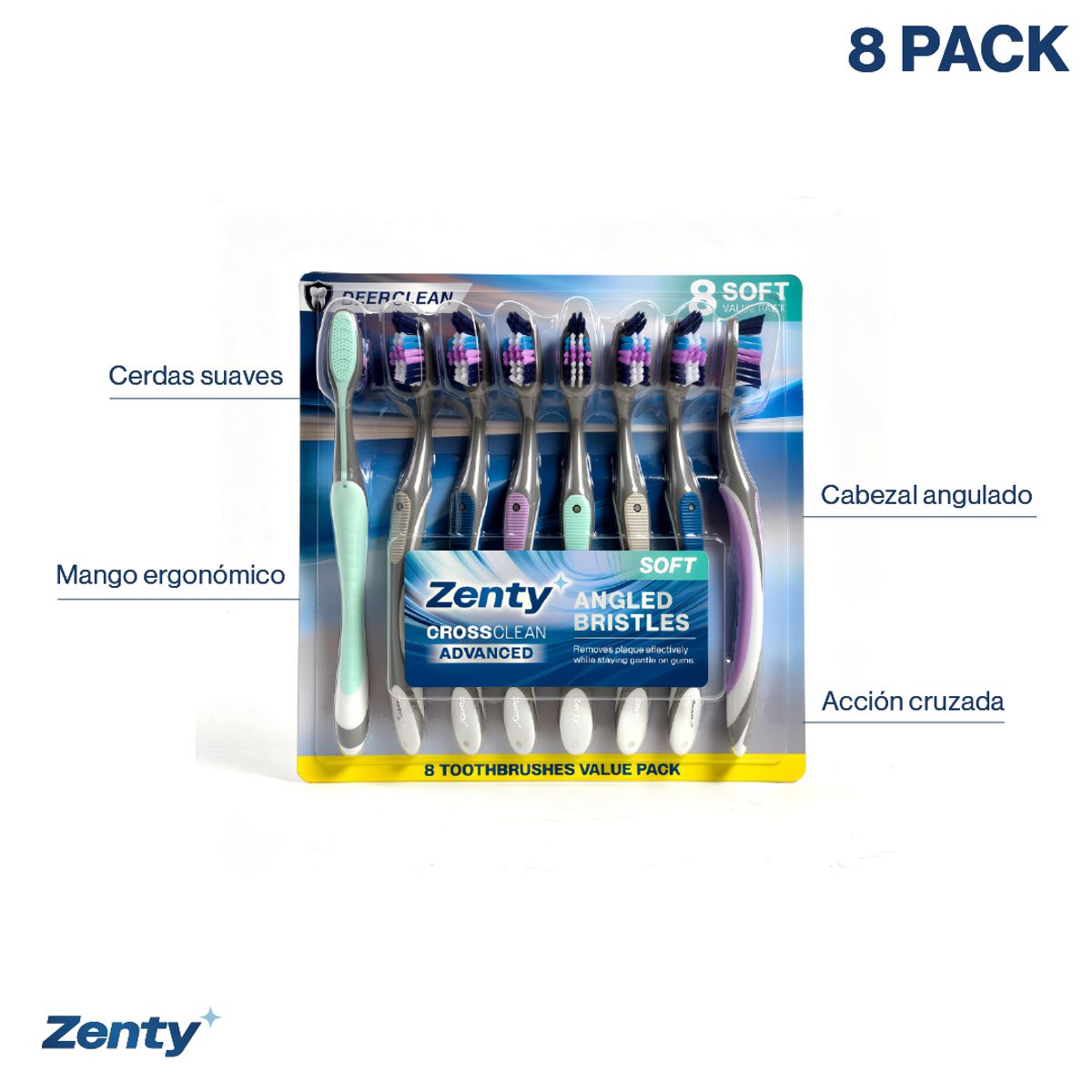 ZENTY - Pack 8 un. Cepillo de Dientes Zenty CrossClean Soft Kiosclub