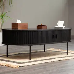 BROOKMAN - Mesa De Centro Oslo Puerta De Corredera Madera Color Negro 120 × 60 × 45 cm