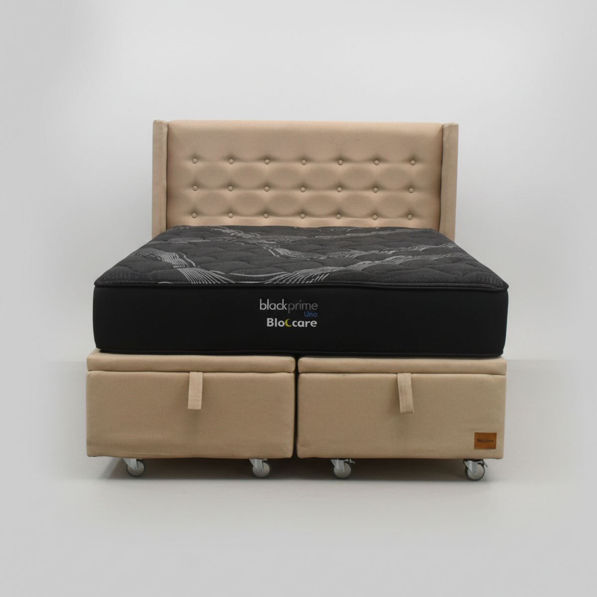 BLOCCARE - Cama Baul 2 Plaza L200 cm  + Colchon Black Prime - Modelo Uno + Respaldo  / Rueda Deluxe (Beige)