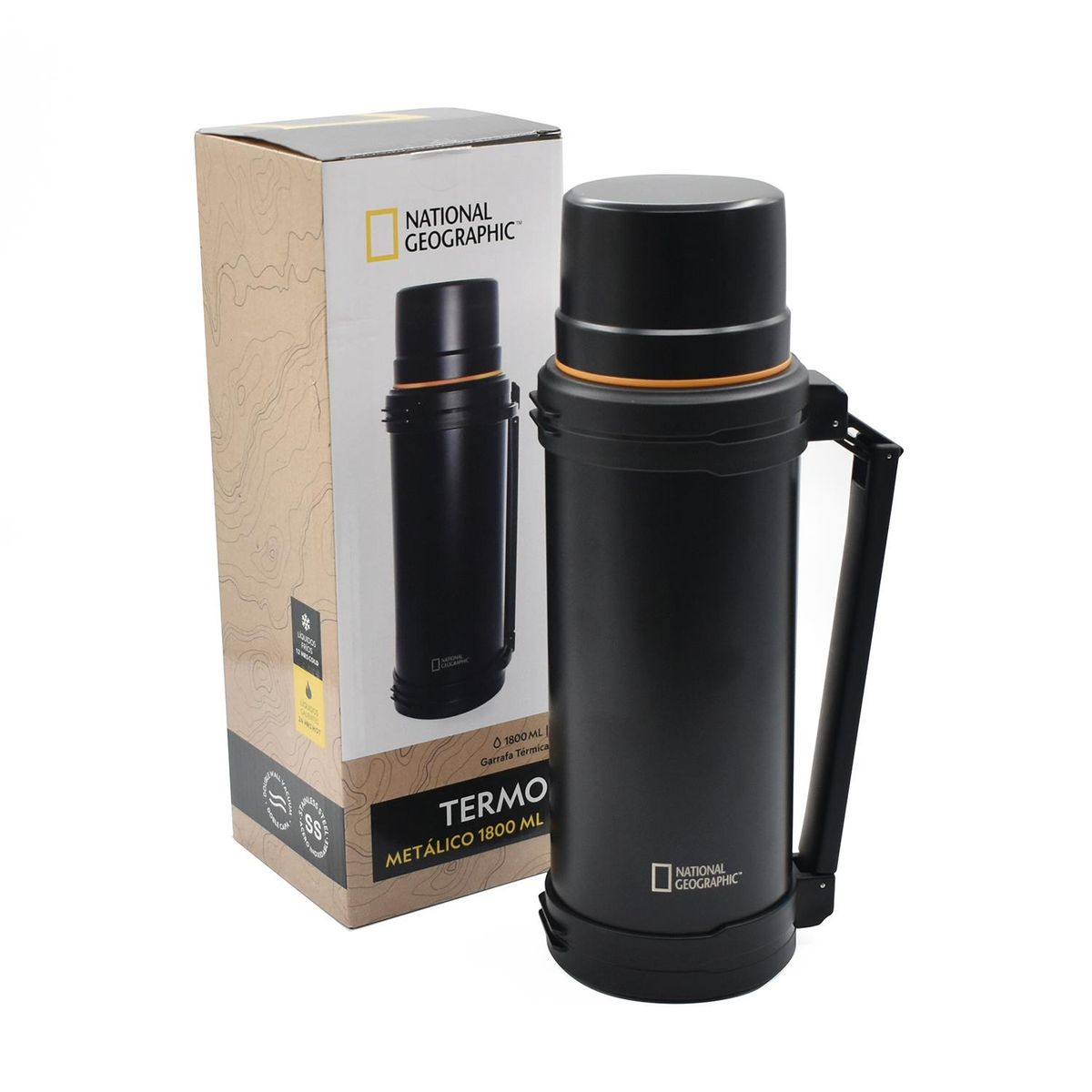 NATIONAL GEOGRAPHIC - Termo Agua Acero Inox Mango Movible Tapa Stopper 1.8L Negro