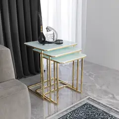 GENERICO - Mesas Laterales 3 unidadesCuadrado Dorado Vidrio Templado Ceylin Color Blanco