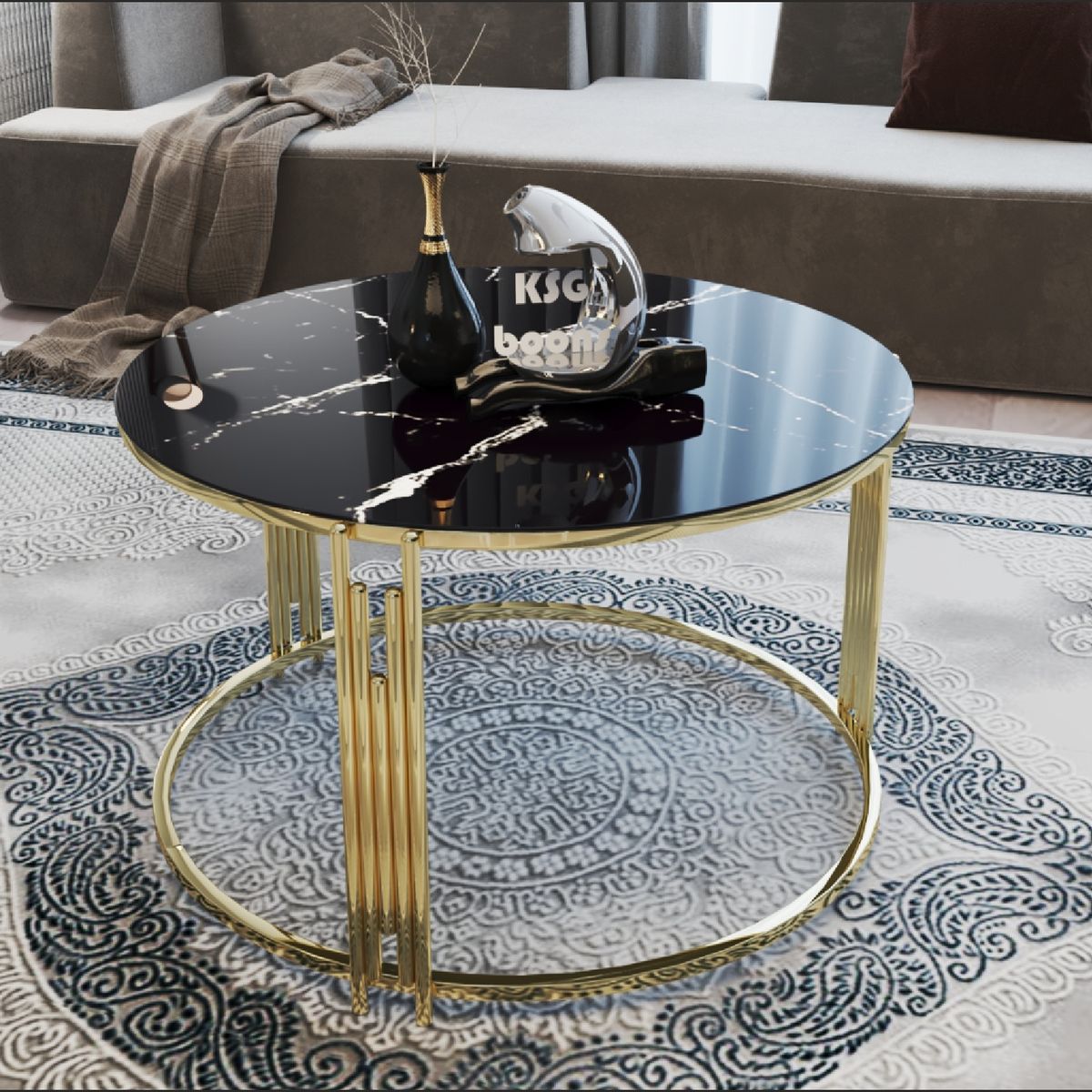 GENERICO - Mesa Centro Redonda Dorado Vidrio Templado Piano Color Negro de efecto Marmol