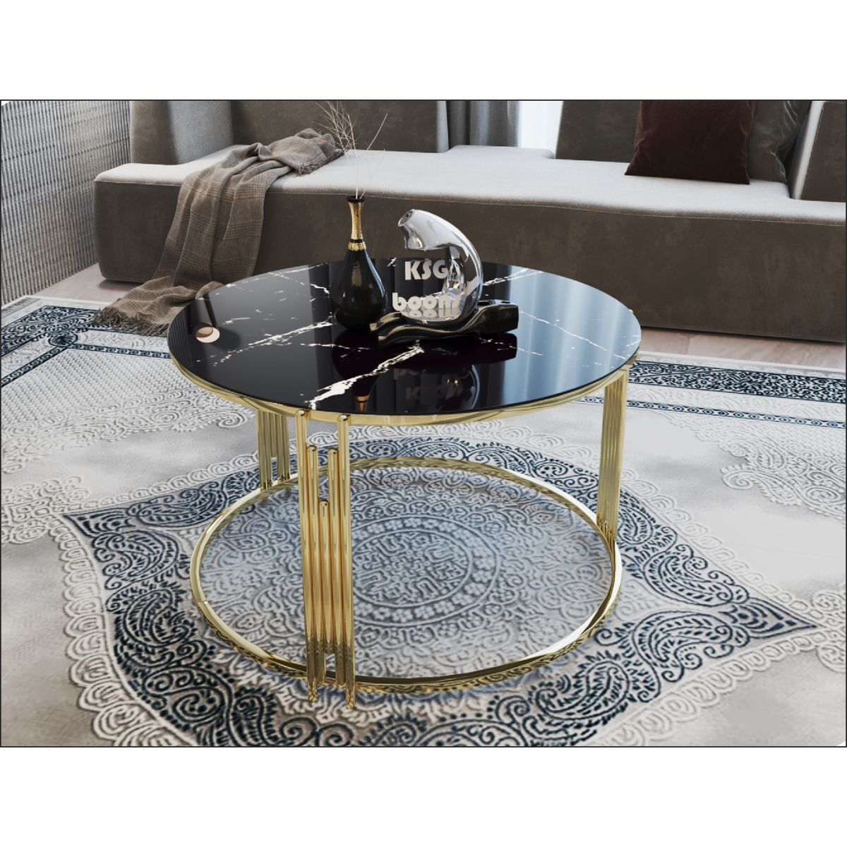 GENERICO - Mesa Centro Redonda Dorado Vidrio Templado Piano Color Negro de efecto Marmol