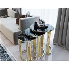 GENERICO - Mesas Laterales Redonda Dorada Vidrio Templado Piano Color Negro con efecto Marmol