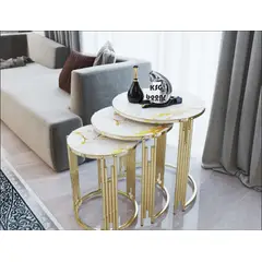 GENERICO - Mesas Laterales Redonda Dorada Vidrio Templado Piano Color Blanco con efecto Marmol