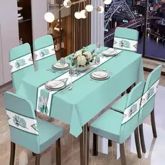 GENERICO - Set 6 Fundas Sillas Elásticas Con Mantel Textura Premium 7 Piezas Turquesa Rombo