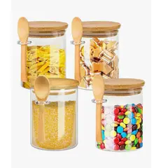 GENERICO - Pack 4 Frasco Vidrio Contenedor Hermético Tapa Bambú 500ml