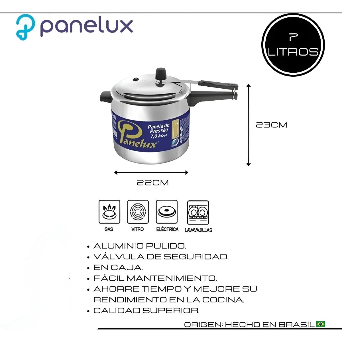 PANELUX - Olla A Presión Panelux 7 Litros / Aluminio Pulido Plateado