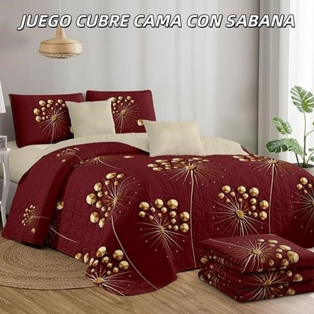 GENERICO - Cobertor de verano tipo Quilt con Juego de Sabanas 2 Plazas Diseño  Burdeo y Dorado