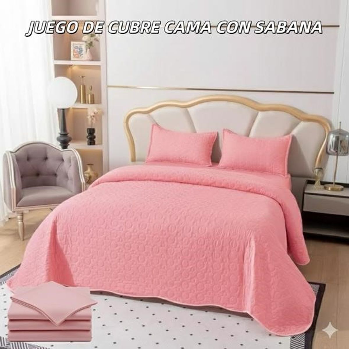 GENERICO - Cobertor de verano tipo Quilt con Juego de Sabanas 2 Plazas Color Rosa