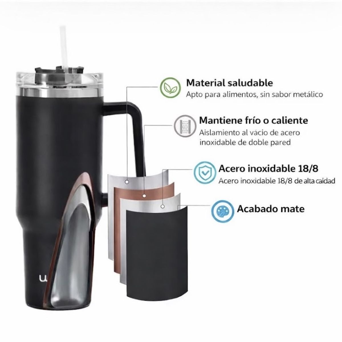 GENERICO - VASO TERMICO DE 1,2 L DE DOBLE PARED ACERO INOXIDABLE .304, CON AISLAMIENTO AL VACIO Y ASA