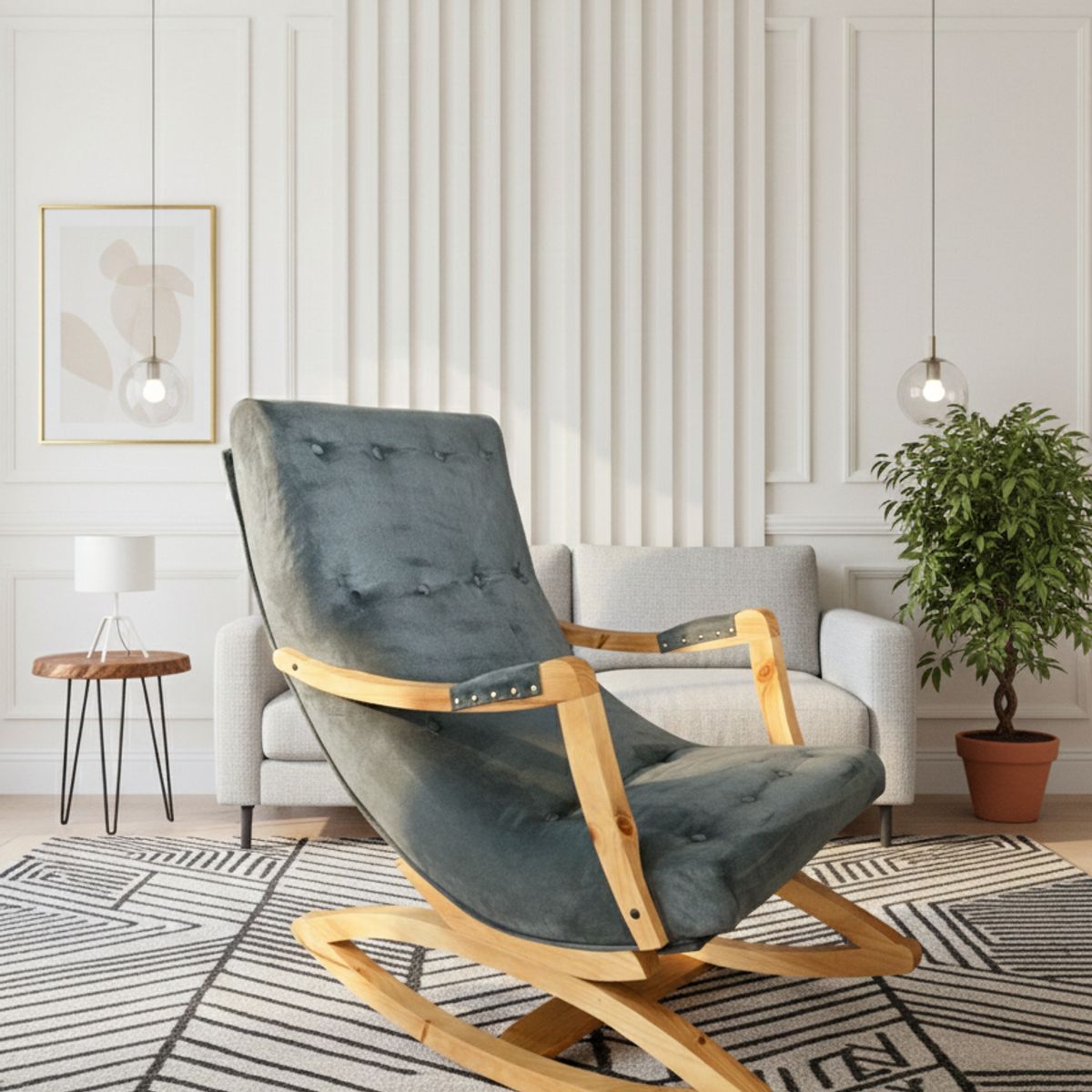 MUEBLES NEW - Silla Mecedora con Apoya Brazo Gris Felpa