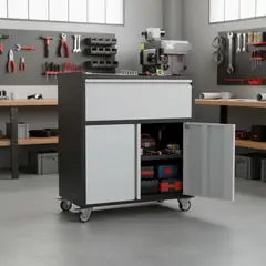 GENERICO - Gabinete bajo dos puertas 1 cajon c/ruedas - Linea Black & Gray TC-09