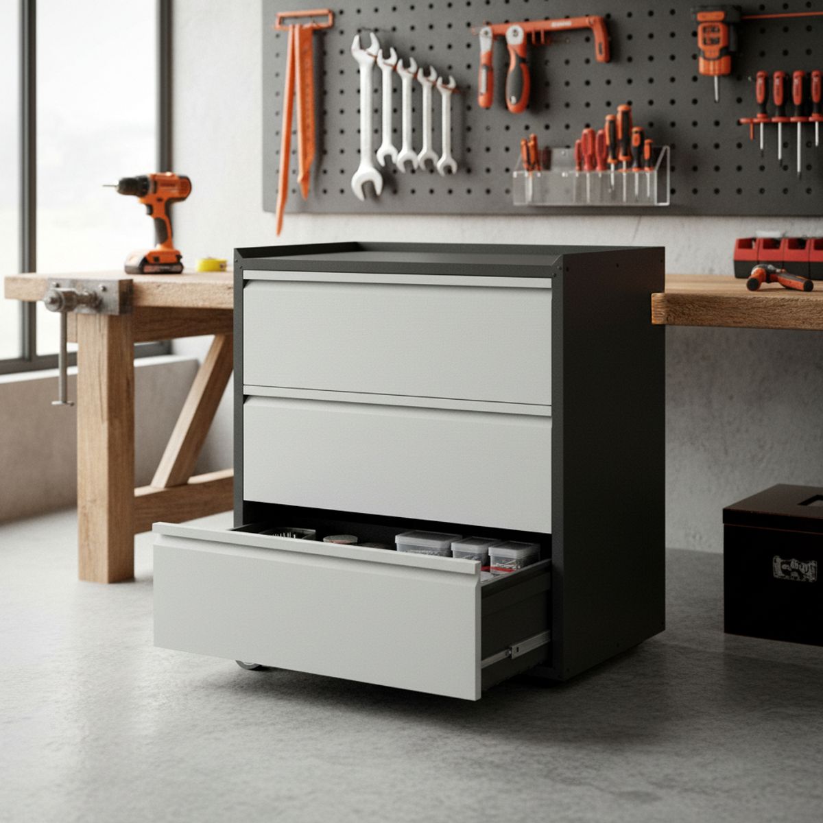 GENERICO - Gabinete Metálico Bajo con ruedas 3 cajones - Linea Black & Gray TC-10