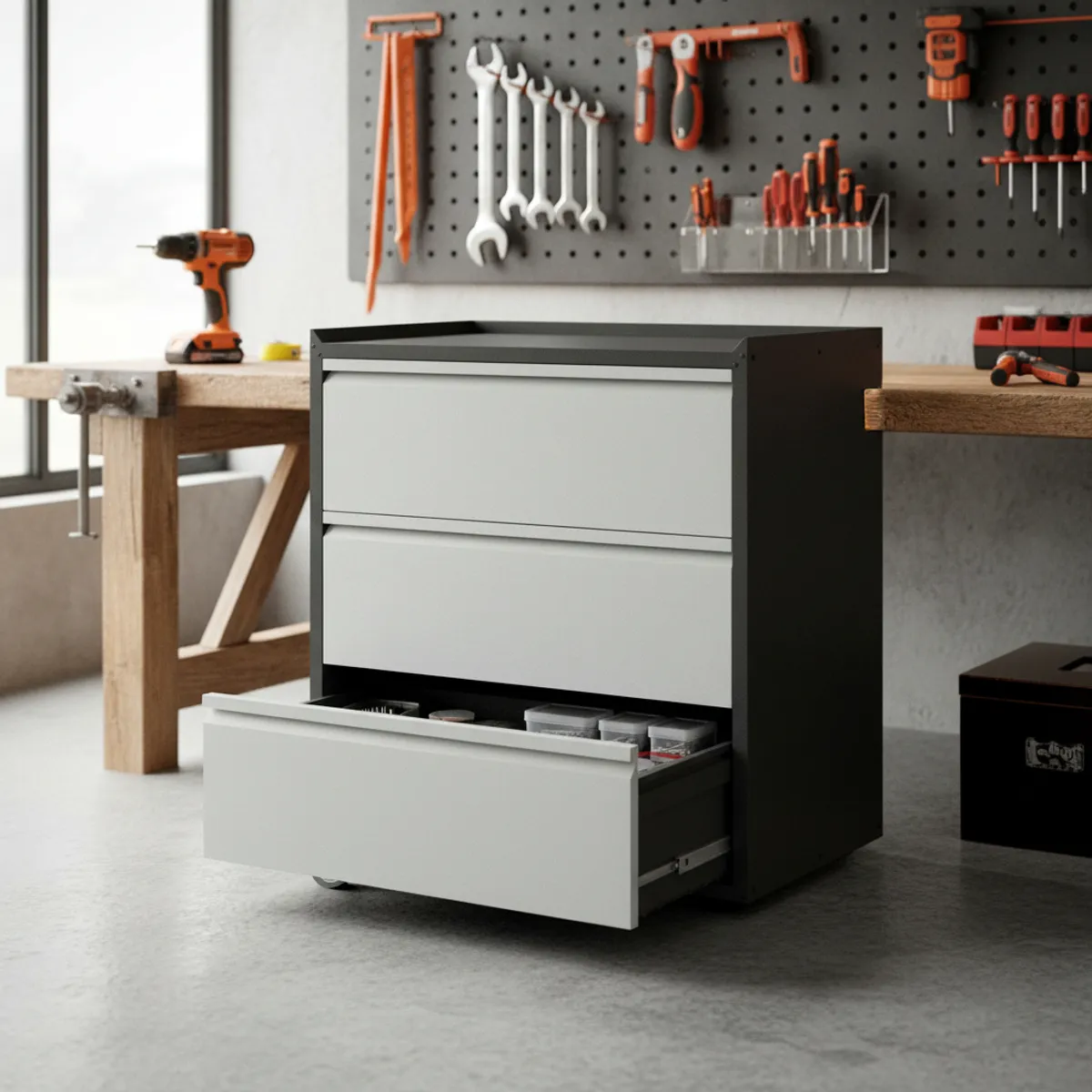 GENERICO - Gabinete Metálico Bajo con ruedas 3 cajones - Linea Black & Gray TC-10